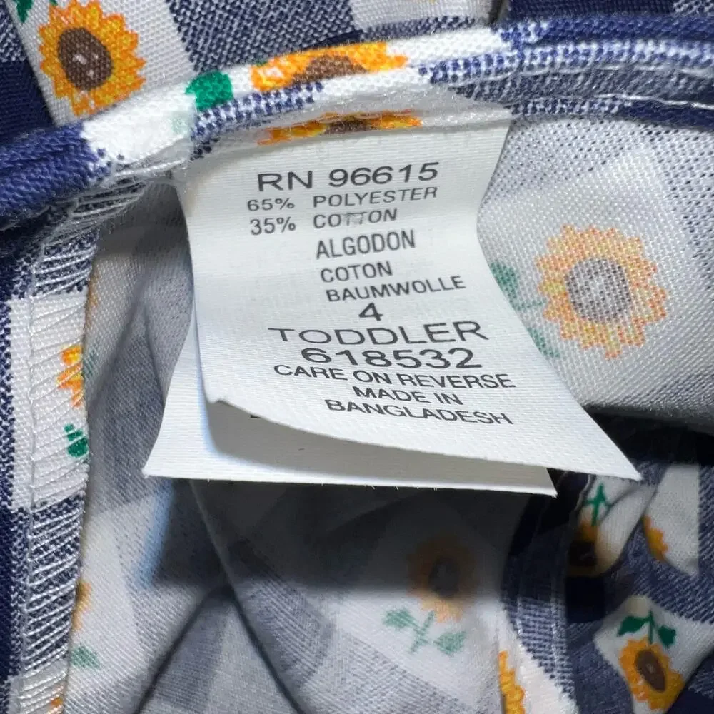 Vintage sunflower fall gingham navy blue and white girls dress tie in back Sz 4